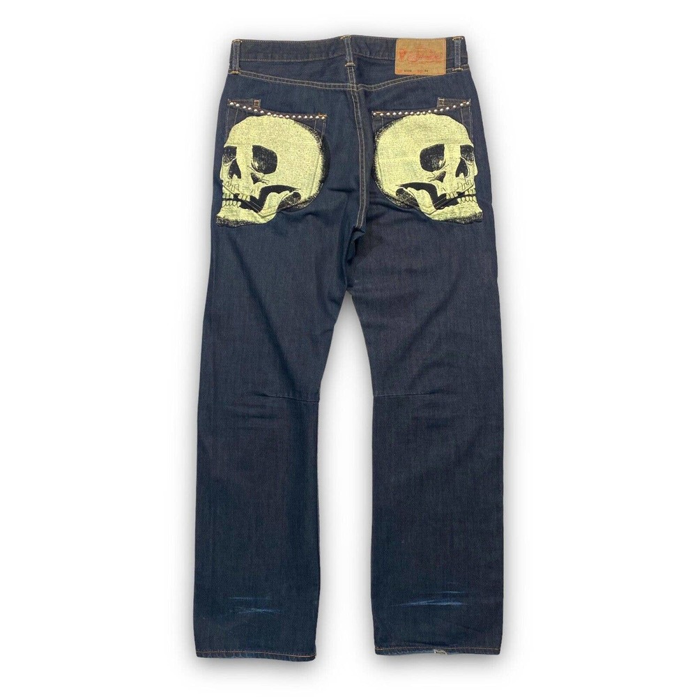 Ed Hardy By Christian Audigier Mens Embroidered Skulls Denim Blue Jeans 34x34